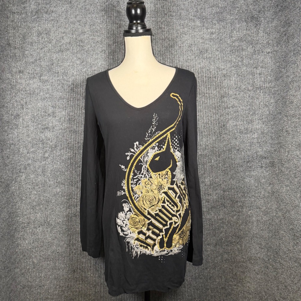 Vintage Y2K Baby Phat Mini Dress S Black Gold Rhinestone Cat Cutout Back McBling